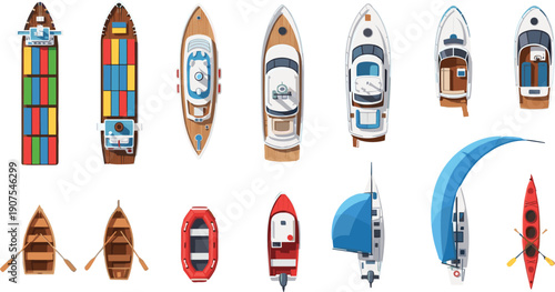 Top view of cargo ships, luxury yachts, motorboats, wooden rowboats, inflatable rafts, sailboats and red kayak, isolated on white