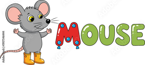 Educational cartoon illustration for the word "Mouse" featuring a cute grey mouse wearing yellow boots