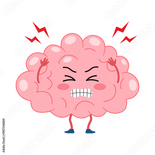 Cute funny brain with headache symptom character. Tension, stress, and mental illness concept.