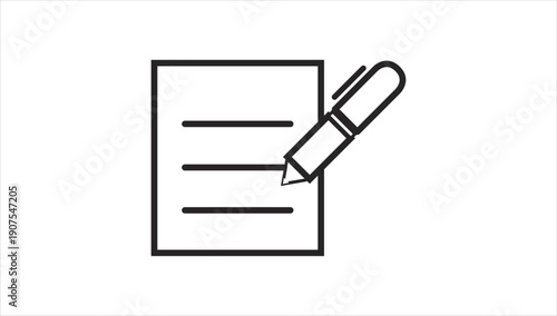 Simple line art icon of a pen writing on a document.