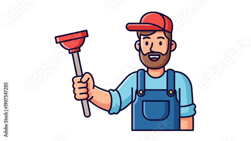 Cartoon plumber in overalls and cap holding a red plunger