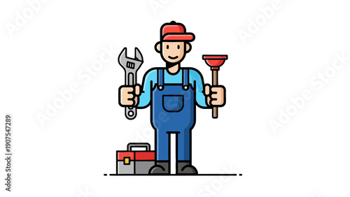 Cartoon plumber in overalls holds a wrench and a plunger with a toolbox