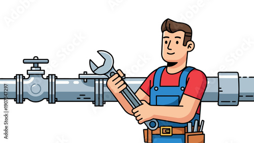 Cartoon plumber in overalls holding a wrench near a large metal pipe with a valve