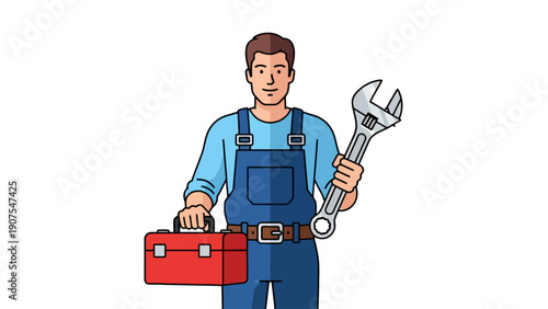 Cartoon repairman in blue overalls holding a wrench and toolbox