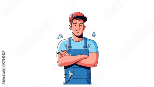 Cartoon repairman in blue overalls and a red cap arms crossed sweating