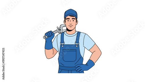 Cartoon repairman in blue overalls holding a large adjustable wrench