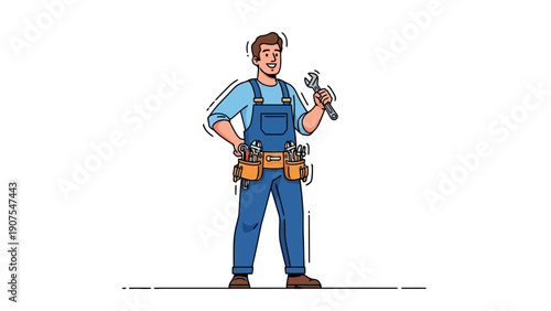 Cartoon repairman in blue overalls holding a wrench with a tool belt