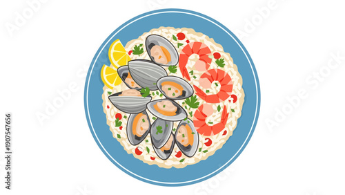 Clams and shrimp served over risotto on a blue plate with lemon wedges