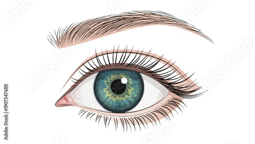 Closeup drawing of a human eye with bluegreen iris and distinct eyelashes