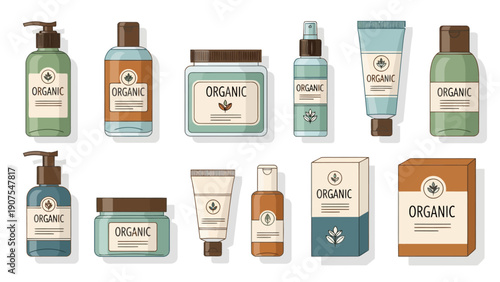 Collection of eleven illustrated organic cosmetic product containers and boxes