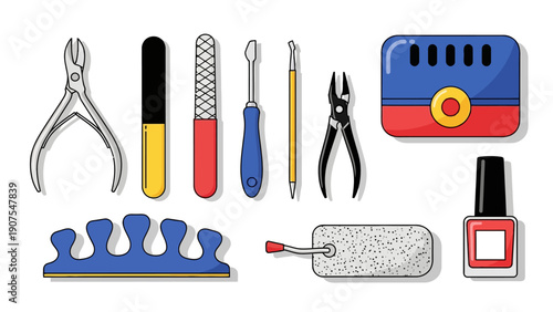Collection of manicure and pedicure tools and polish on white background