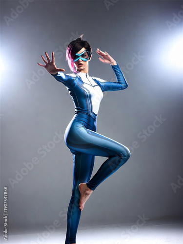 Superhero woman action pose, futuristic blue suit, glowing neon mask, dynamic studio lighting, cinematic cosplay