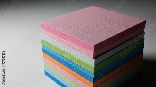 Stack of colorful sticky notes on a white surface with shadow.