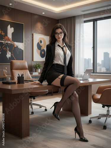 Confident businesswoman sitting on desk in luxury corporate office, modern suit, sexy stockings, professional lifestyle portrait, corporate success