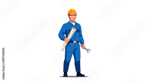 Construction worker in blue uniform holding blueprint and wrench
