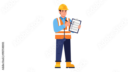 Construction worker in safety gear checking items on a clipboard