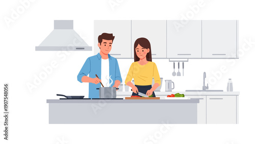 Couple cooking together in a modern minimalist white kitchen