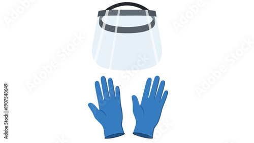 Face shield and pair of blue protective gloves isolated on white background