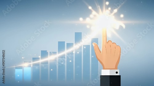 Hand pointing to bright star above rising business graph.