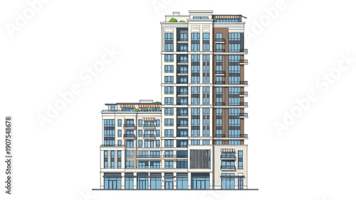 Elevation drawing of a multistory mixeduse building with staggered heights