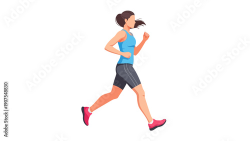 Female runner in profile wearing a blue tank top and gray shorts