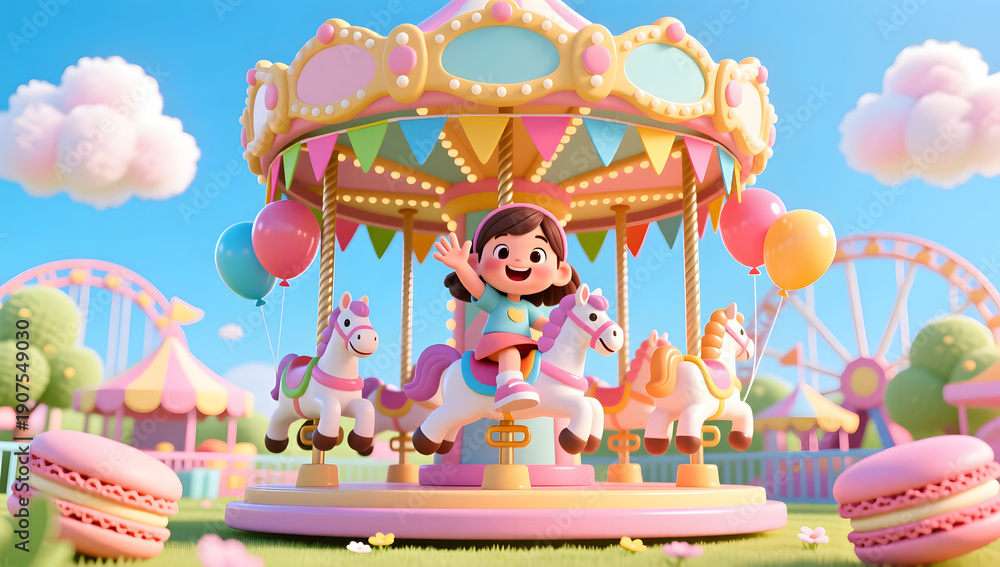 Naklejka premium Little girl waving happily on a carousel in spring