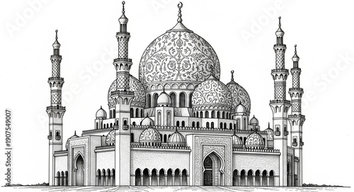 Detailed Architectural Sketch of a Grand Mosque with Minarets and Domes.