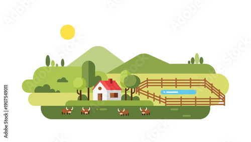 Flat illustration of a sunny farm scene with a house cattle and rolling green hills