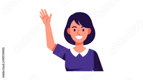 Flat illustration of a smiling woman with short dark hair waving her right hand