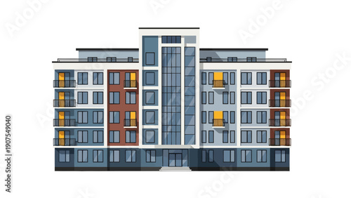 Flat illustration of a symmetrical modern apartment building facade