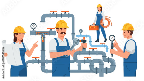 Four construction workers in overalls and hard hats working on a complex pipe system