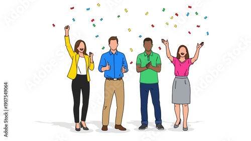 Four diverse people celebrating as colorful confetti falls