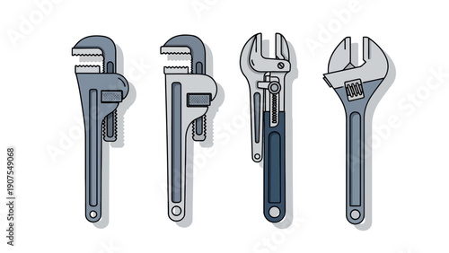 Four stylized wrenches two pipe wrenches and two adjustable wrenches in a row