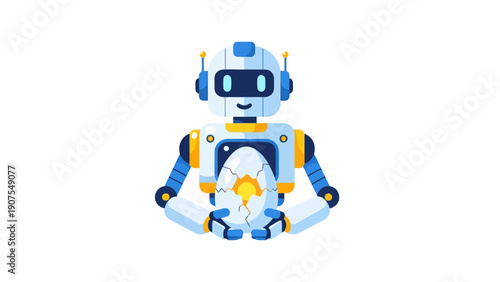 Friendly robot holding a glowing cracked egg with both hands