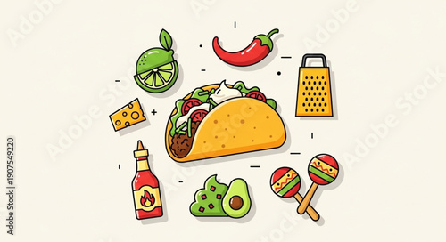 Delicious Taco and Mexican Food Ingredients Illustration.
