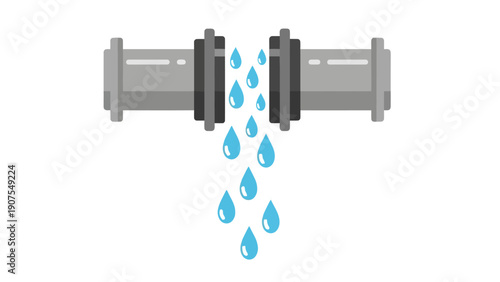 Gray pipe section leaking bright blue water droplets against a white background