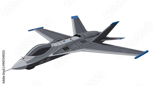 Gray stealth fighter jet design with blue wingtail accents