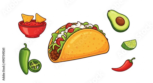 Delicious Taco Surrounded by Fresh Ingredients and Spices.