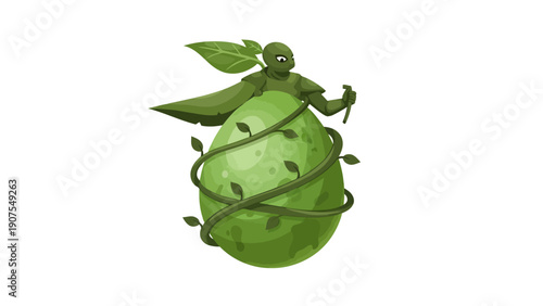 Green armored figure atop a vinewrapped egg holding a staff