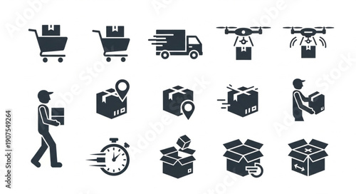 Delivery and logistics icons set for e-commerce and shipping services.