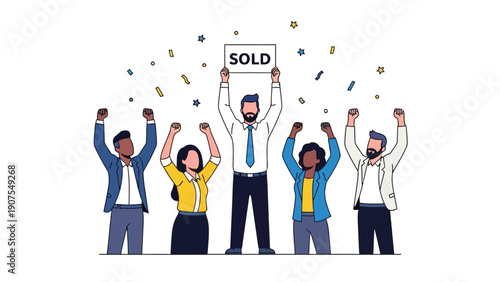 Group cheering confetti falling man holding SOLD sign