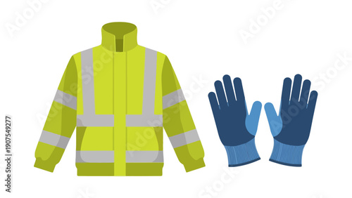 Highvisibility jacket and blue work gloves on a white background