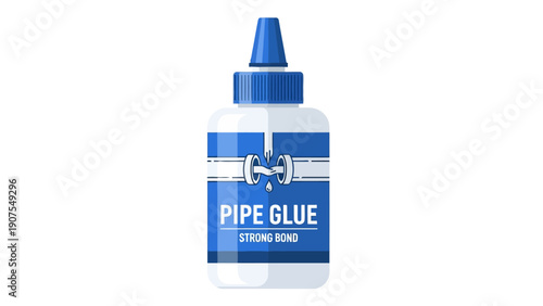 Illustration of a blue and white bottle of pipe glue fixing a broken pipe