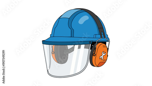 Illustration of a blue safety helmet with a face shield and orange ear defenders