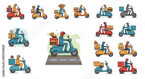 Delivery scooter riders carrying packages and food.