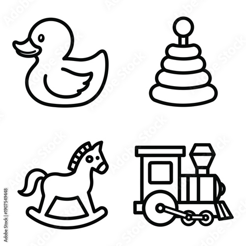 Classic children's toys: rubber duck, stacking pyramid, rocking horse, and toy train