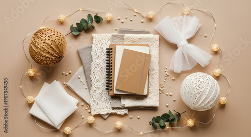Elegant flat lay of craft supplies, notebooks, fabrics, and string lights on a beige background, perfect for creative projects and festive decor.