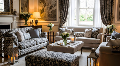 An elegant and luxurious living room with multiple sofas, ottomans, and decorative elements like flowers and lamps.