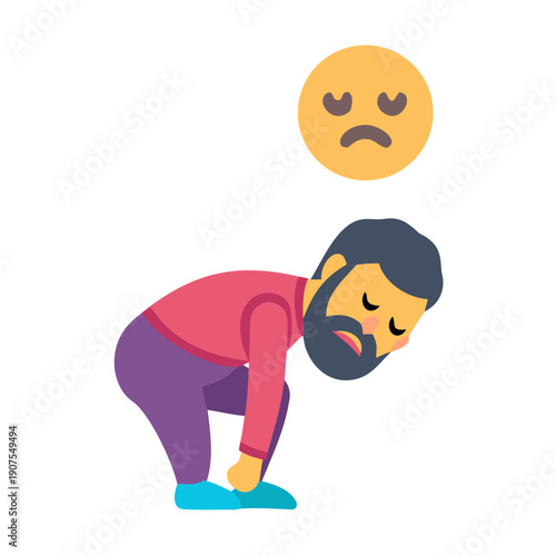 Sad and tired bearded man bent over with a sad face emoji in a thought bubble, depicting depression, sadness, and exhaustion.