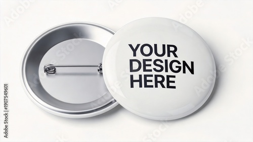 Customizable round badge mockup with pin back,blank white button template,branding identity showcase,merchandise design presentation,clean minimal product display